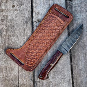 Damascus Steel Skinner Knife, 8 Inches Full Tang, Rosewood Handle, Leather Sheath
