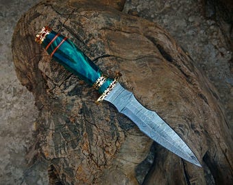 Unique Handmade Damascus Steel Athame Knife Resin Handle, Valentine Gift for Boyfriend, Collectible Item