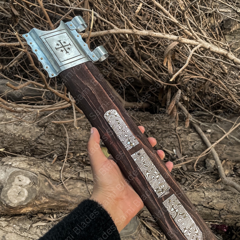 Decorative wooden scabbard with Damascus inlays and steel accents designed for a medieval sword and Viking style display