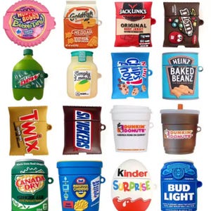 May include: Collection of novelty AirPod cases in various shapes and colors. Designs include a pink Hubba Bubba bubble tape, a Goldfish cracker box, a Jack Link's beef jerky package, and a brown M&M's candy case.