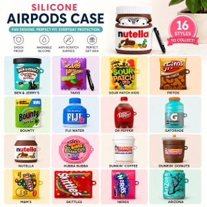 Peut inclure: Une collection d'étuis en silicone pour AirPods aux designs variés. Les étuis représentent des collations et des boissons populaires, notamment Nutella, Ben & Jerry's, Takis, Sour Patch Kids, Fritos, Bounty, Fiji Water, Dr. Pepper, Gatorade, Hubba Bubba, etc.