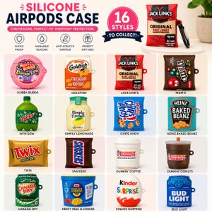 May include: A collection of 16 silicone AirPod cases with fun designs, including Hubba Bubba, Goldfish, Jack Link's beef jerky, M&M's, MTN Dew, Simply Lemonade, Chips Ahoy!, Twix, Snickers, Dunkin' Coffee, Dunkin' Donuts, Canada Dry, Kraft Mac & Cheese, Kinder Surprise, and Bud Light.