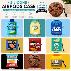 May include: Silicone Airpods cases in various designs, including a chocolate chip cookie, Vita Coco coconut water, Simply Lemonade, Bud Light beer, Spam, Doritos Nacho Cheese, Pocky Matcha, Ruffles Cheddar & Sour Cream, and Gatorade.