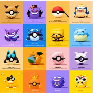 May include: A grid of colorful silicone cases for wireless earbuds, each designed to resemble characters from a popular animated series. The cases feature various colors and designs, including a Poké Ball, Gengar, Pikachu, and Snorlax.
