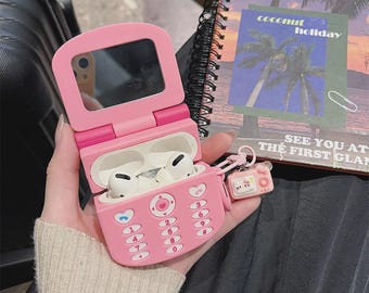 Pink Flip Phone AirPods Case – Kawaii Kitty Silicone Keychain Cover (AirPods 1-4, Pro)