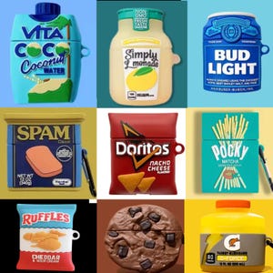 May include: A selection of novelty AirPod cases. Designs include a coconut water carton, a lemonade bottle, a Bud Light can, a Spam can, Doritos, Pocky, Ruffles crisps, a chocolate chip cookie, and a Gatorade bottle. Measurements are in grams and ml.