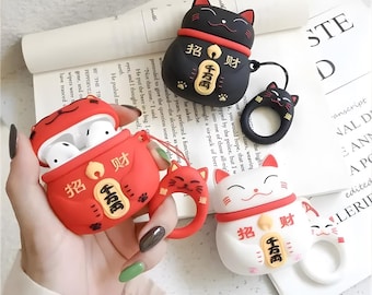 3D Maneki Neko Lucky Cat AirPods Case, Silicone Protective Cover (Pro/1/2/3/4)