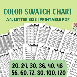 May include: Printable color swatch chart in A4 or letter size. The chart has 10 different sizes with 20, 24, 30, 36, 40, 48, 56, 60, 72, 80, 100, and 120 color swatches.