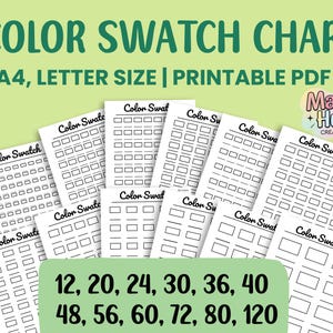 May include: A collection of printable color swatch charts on white paper, with the text "COLOR SWATCH CHART" in green. The charts are available in A4 and letter sizes, and include options for 12, 20, 24, 30, 36, 40, 48, 56, 60, 72, 80, and 120 color swatches.