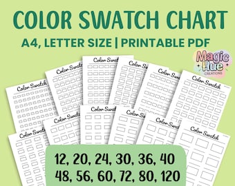May include: A collection of printable color swatch charts on white paper, with the text "COLOR SWATCH CHART" in green. The charts are available in A4 and letter sizes, and include options for 12, 20, 24, 30, 36, 40, 48, 56, 60, 72, 80, and 120 color swatches.