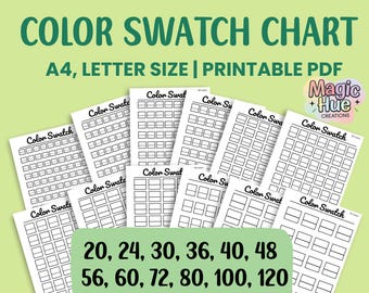May include: Printable color swatch chart in PDF format. The chart includes 10 different sizes, ranging from 20 to 120 swatches. The chart is designed for A4 or letter size paper.