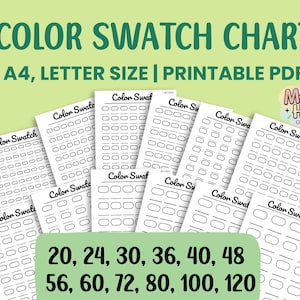 Puede incluir: Tabla de muestras de color imprimible en formato PDF. La tabla incluye 10 tamaños diferentes, que van de 20 a 120 muestras. La tabla está diseñada para papel A4 o tamaño carta.