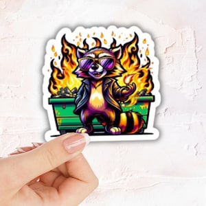 Dumpster Fire Raccoon Sticker, Funny Chaos Vinyl Sticker | Dark Humor Animal Sticker | Waterproof Sticker | Funny sticker Gift, funny gift