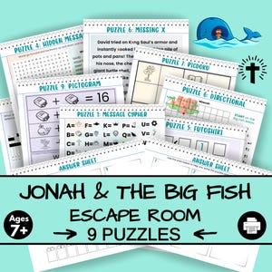May include: A set of nine spiral-bound puzzles for an escape room game, themed around Jonah and the Big Fish. The puzzles feature illustrations and text, suitable for ages 7 and up. The game is designed for entertainment.