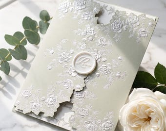 Light Green Embossed Floral Wedding Invitation: Handmade Paper Invites, Ivory Love Wax Seal