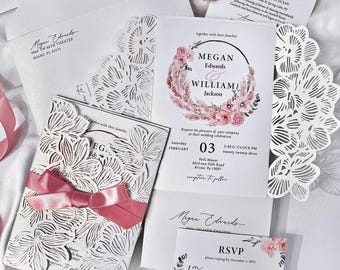 White and Floral Laser Cut Wedding Invitations, RSVP and Detail Cards, Covers Only Available