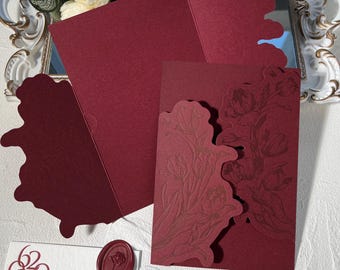 Elegant Burgundy Wedding Invitation Covers: Floral Wrap, Customized Wax Seal