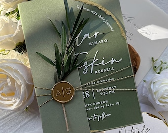 Sage Green Clear Arched Acrylic Wedding Invitations with Wax Seals, Botanical Multiple Choice