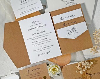 May include: A collection of wedding stationery, including invitations, RSVP cards, and envelopes. The design features a neutral color palette with kraft paper and white accents. The invitations include the names of the couple, date, and location.
