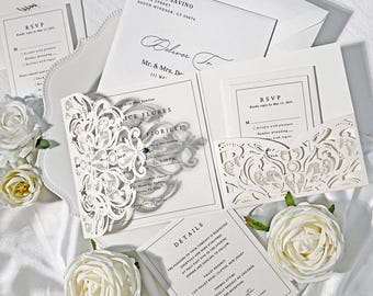 Laser Cut Pocket Fold Wedding Invitation Set, Elegant Ivory Lace Invites, Minimalist Wedding Card, Editable Details Cards and RSVP