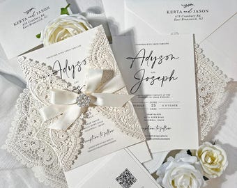 Romantic Pearl Lace Wedding Invitations with Diamante Brooch Bow, Elegant Laser Cut Invites, Personalized QR Code RSVP