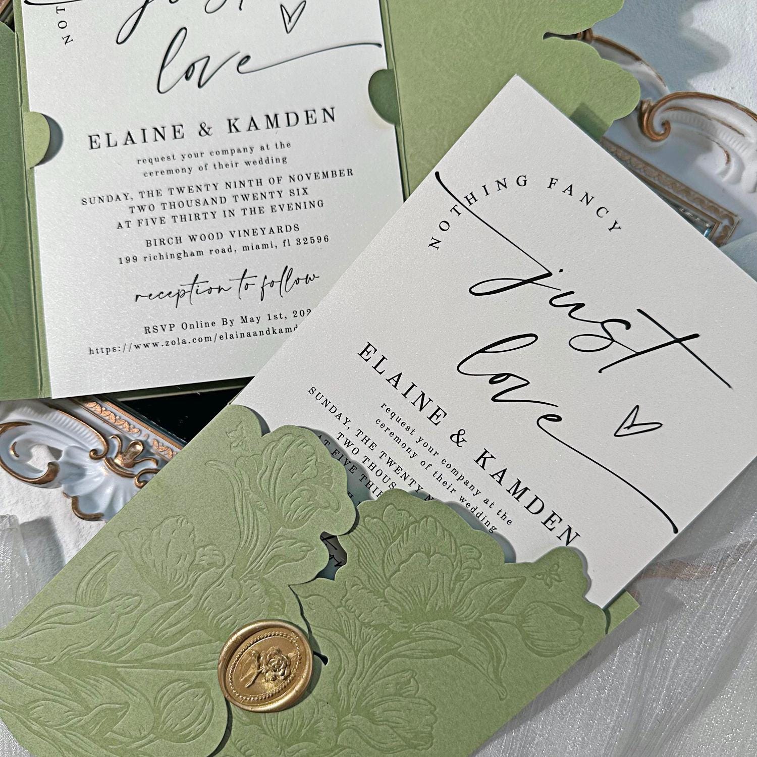 Spring Sage Green Floral Wedding Invitation Set With Wax Seal - Etsy