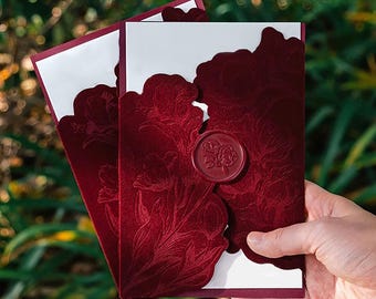 Burgundy Velvet Wedding Invitation Covers: Floral Wrap with Wax Seal