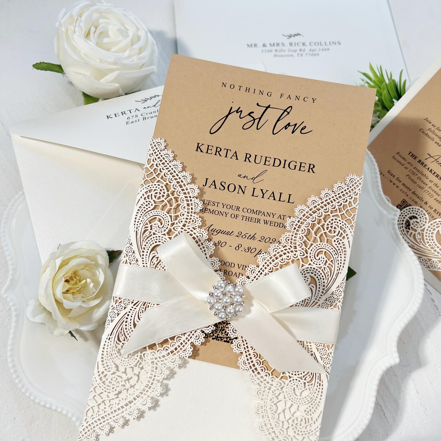 Rustic Kraft and Ivory Wedding Invitation, Elegant Lace and Pearl Invites with Diamante Brooch Bow, Personalized QR Code Invitations