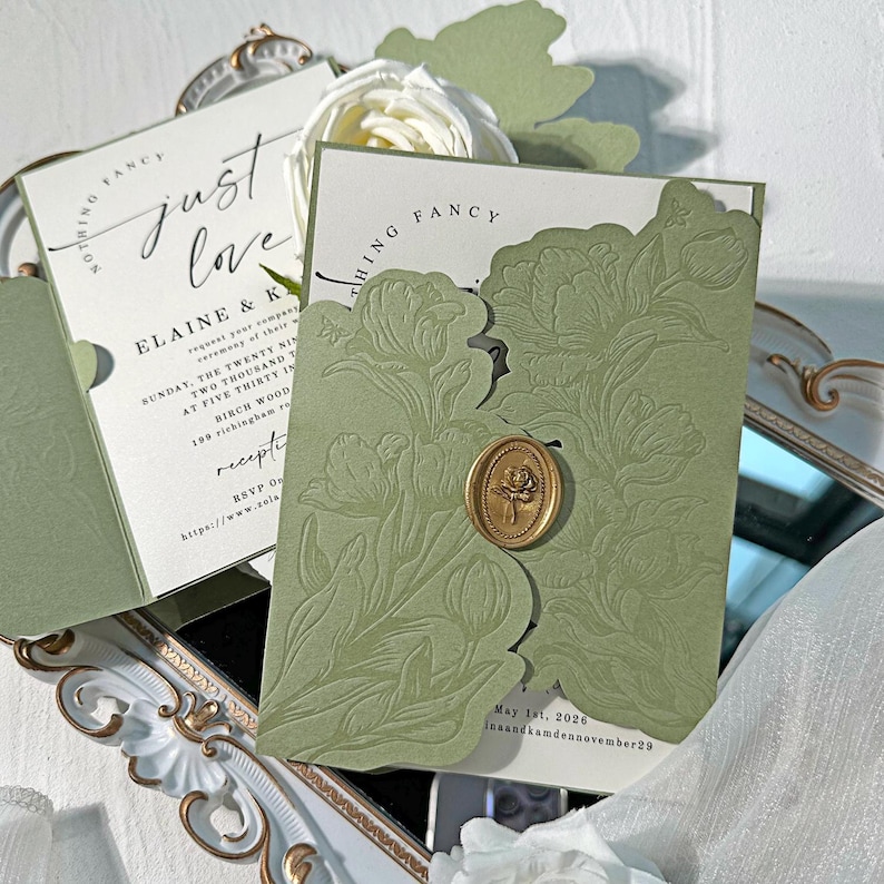 Spring Sage Green Floral Wedding Invitation Set With Wax Seal - Etsy