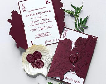 Romantic Burgundy Floral Wedding Invitation, Elegant Ivory Invites with Personalized Rose Wax Seal