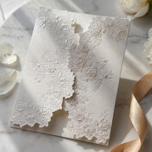 Peut inclure: Une carte d'invitation rectangulaire blanc cassé présentant un motif floral en relief complexe sur le devant. La carte possède un bord découpé avec des détails floraux festonnés qui se chevauchent au centre, créant un aspect texturé.
