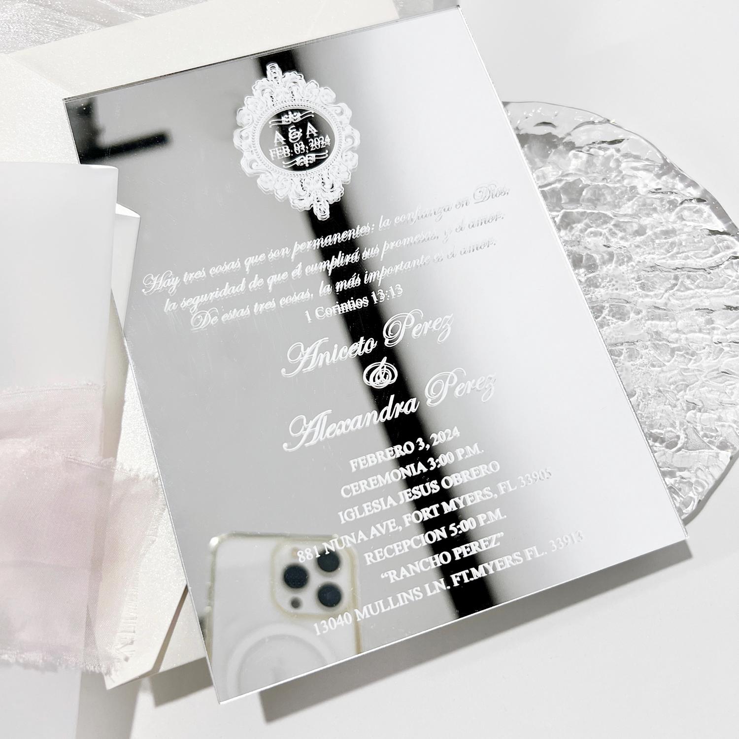 Silver Mirror Acrylic Wedding Invitations: Pink Chiffon Ribbon & Wax ...