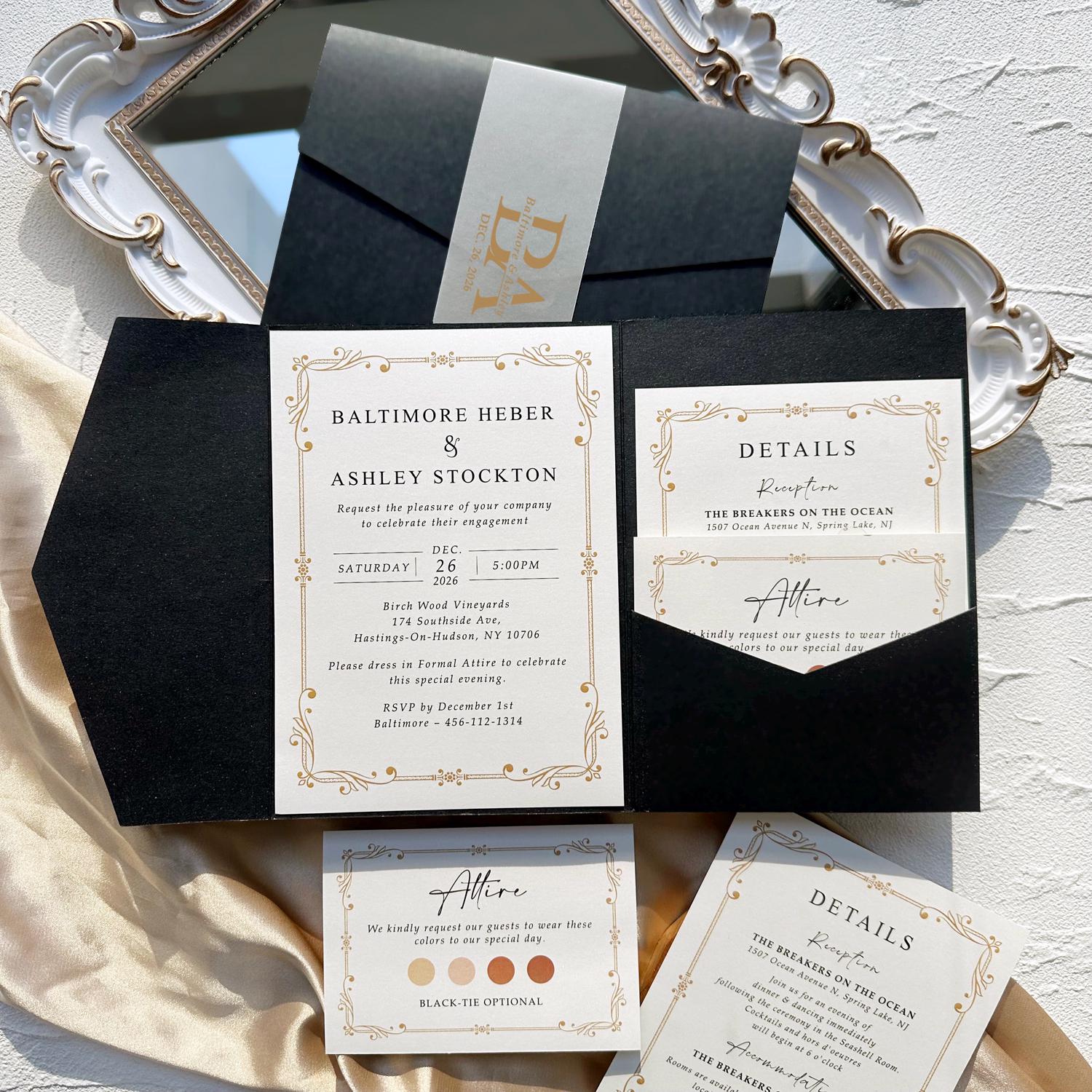 Black and Gold Tri-fold Pocket Wedding Invitation Set