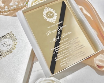 30 unidades de convites de casamento em acrílico com espelho dourado em caixa + 30 unidades de envelopes