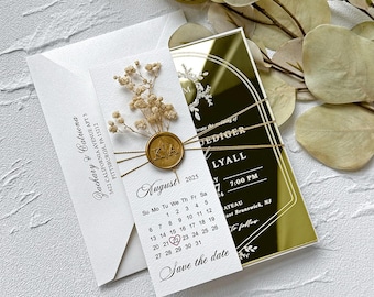 Mirror Gold Acrylic Wedding Invitation: Elegant Paper Wrap, Wax Seal