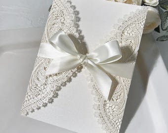 Ivory Lace Laser Cut Wedding Invitation Cover: 5x7, Silk Ribbon
