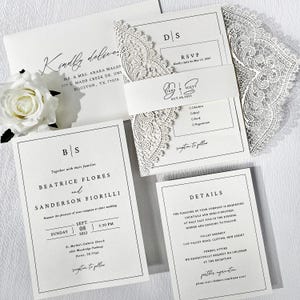 Könnte beinhalten: Elegante, weiße Hochzeitseinladungs-Suite mit floralem Spitzendesign. Die Suite umfasst eine Einladung, eine RSVP-Karte, eine Detailkarte und einen passenden Umschlag. Die Einladung zeigt die Namen des Paares, das Hochzeitsdatum und den Veranstaltungsort.