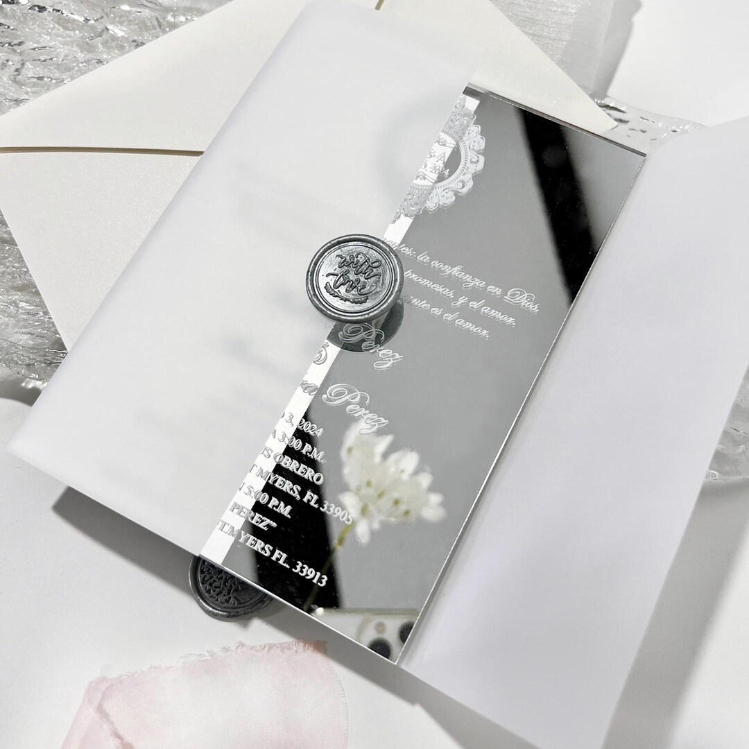 Silver Mirror Acrylic Wedding Invitations: Pink Chiffon Ribbon & Wax ...