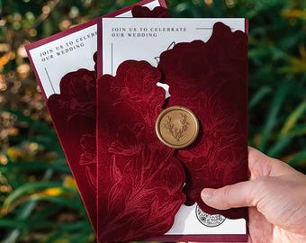 Burgundy Velvet Wedding Invitation: Gold Wax Seal, QR Code