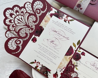 Burgundy Lace Laser Cut Wedding Invitation Set: Floral Vellum Belly Band