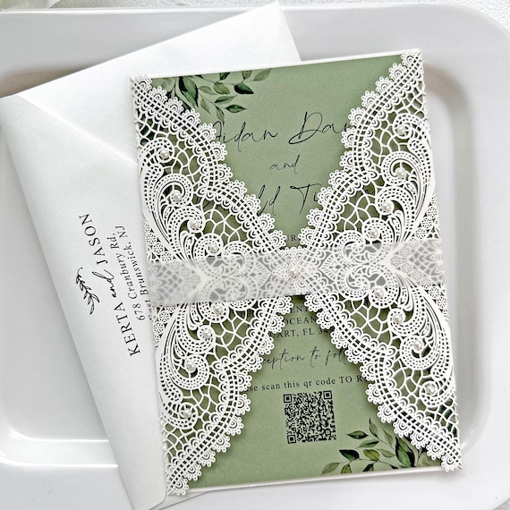 Sage Green Lace Wedding Invitation: Pearl Cover, Handmade Paper Card