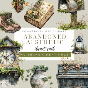 Paquete de imágenes prediseñadas estéticas abandonadas PNG / 40 objetos vintage de acuarela transparentes cubiertos de naturaleza / Efímera rústica de uso comercial