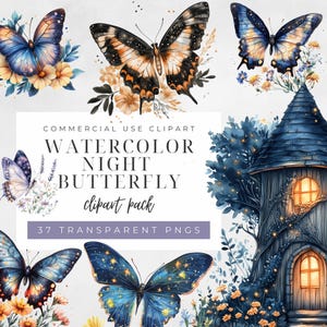 37 Aquarell Nacht Schmetterling Clipart Pack, Dark Fantasy Schmetterlinge PNG, mystische Insekten Transparente Bilder