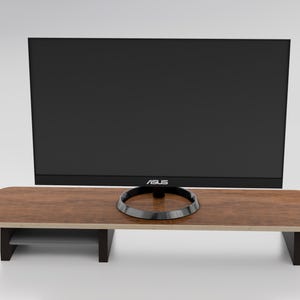 May include: A wooden monitor stand with a black metal frame and a lower shelf. A black computer monitor with the word "ASUS" on the bottom bezel is sitting on the stand.