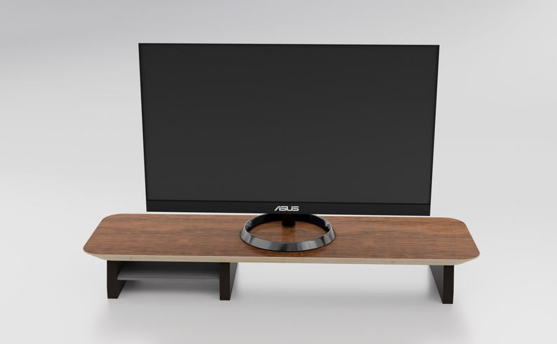 May include: A wooden monitor stand with a black metal frame and a lower shelf. A black computer monitor with the word "ASUS" on the bottom bezel is sitting on the stand.