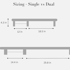 May include: Diagram showing the sizing difference between a single and dual bench. The single bench is 12 inches wide and 18.5 inches long. The dual bench is 14.4 inches wide and 25.8 inches long. Both benches are 4.3 inches tall.