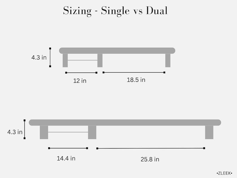 May include: Diagram showing the sizing difference between a single and dual bench. The single bench is 12 inches wide and 18.5 inches long. The dual bench is 14.4 inches wide and 25.8 inches long. Both benches are 4.3 inches tall.