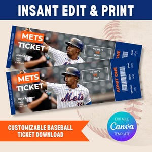 May include: Two blue baseball tickets with the text "METS TICKET" and a photo of a baseball player. The tickets are for a NY Mets game. The image also includes the text "CUSTOMIZABLE BASEBALL TICKET DOWNLOAD" and "EDITABLE Canva TEMPLATE."