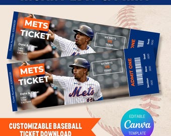 Boletos de béisbol personalizados imprimibles, diseño editable de boletos deportivos, plantilla de boletos de la MLB, boleto de regalo de béisbol, boletos deportivos, boletos de la MLB