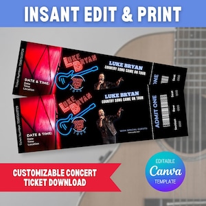 Druckbare benutzerdefinierte Konzertkarte, bearbeitbare Luke Bryan Ticket, Country Konzert Geschenk, Überraschungskarte, personalisierte Vorlage, Sofort Download